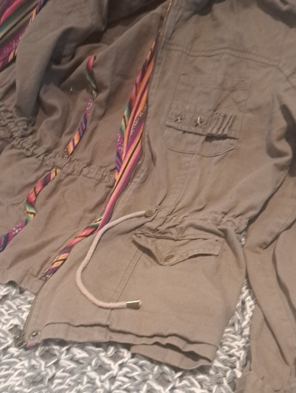 462-Ladakh Olive Utility Jacket Contrast Lining Military Style Drawstring Waist - Picture 9 of 14